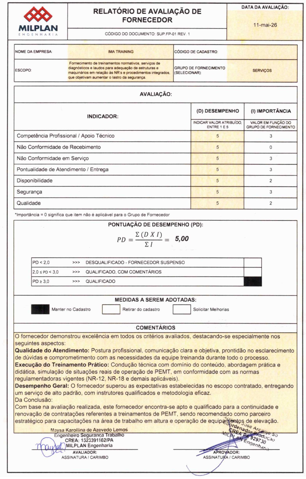 relatório de aprovação do cliente para o fornecedor IMA TEC